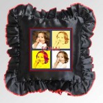 Black Square Cushion With Personalized Photo and Red Lace Border